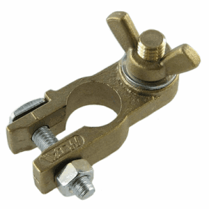 Batterieklemme ''-'', Messingguss, mit Stehbolzen und Flügelmutter M8