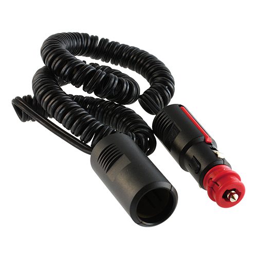 Sicherheits-Universal-Stecker 8A/6-24V, mit Kupplung für Zigarettenanzündersteckdose, Wendelleitung 2x0,75mm², Länge 3m