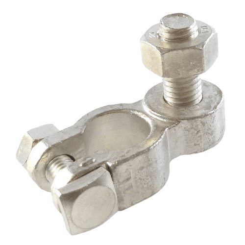 Batterieklemme "-" aus Messingguss, verbleit, Batteriepoldurchmesser: 15,9mm, Bolzen M10x33mm