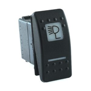 on-on Doppelschalter, 12V/20A, Contura II, LED 1 grün hell, LED 2 rot hell, quadratische und schmale Linse weiß, Symbol "Suchscheinwerfer"