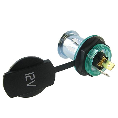Power socket, 12/24V max. 20A wit printed cover, green threaded sleeve, frontal mounting, Ø 27,8 mm