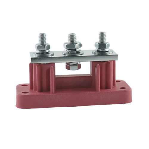 High-Amp terminal bus-bar, with 2x 5/16" and 1x 3/8" stud bolts bridged, red