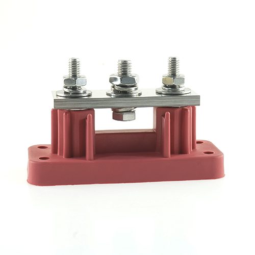 High-Amp terminal bus-bar, with 2x 5/16" and 1x 3/8" stud bolts bridged, red