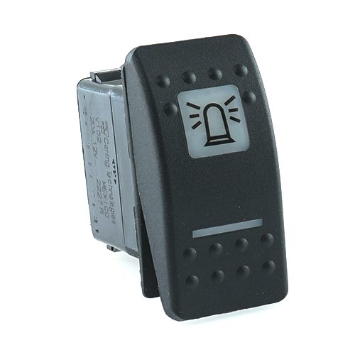on-off Schalter, 12V/20A, Contura II, LED 1 grün hell, LED 2 grün hell, quadratische und schmale Linse weiß, Symbol "Rundumkennleuchte"