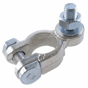 Batterieklemme "+" aus Messingguss, verzinnt, Batteriepoldurchmesser: 17,5mm, Bolzen M8x16mm