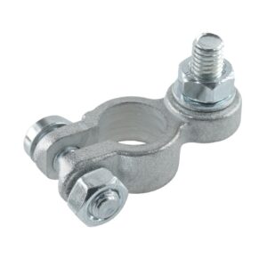 Batterieklemme "-" aus Messingguss, verzinnt, Batteriepoldurchmesser: 15,9mm, Bolzen M8x16mm