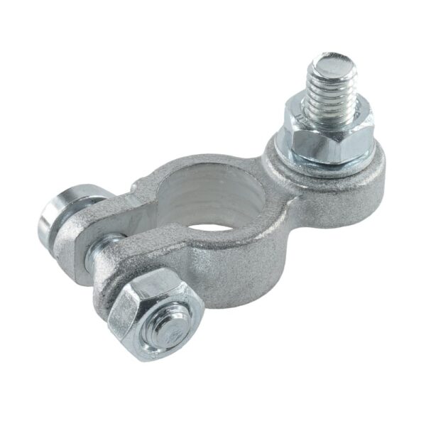 Batterieklemme "-" aus Messingguss, verzinnt, Batteriepoldurchmesser: 15,9mm, Bolzen M8x16mm