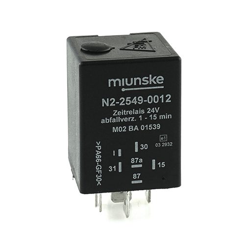 Zeitrelais 24V, NC 10A/NO 15A, 1...15min einstellbar, abfallverzögert, potentialfrei, retriggerbar, vergossen