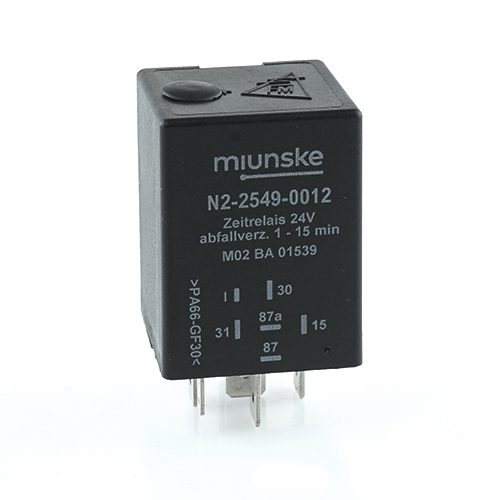 Zeitrelais 24V, NC 10A/NO 15A, 1...15min einstellbar, abfallverzögert, potentialfrei, retriggerbar, vergossen