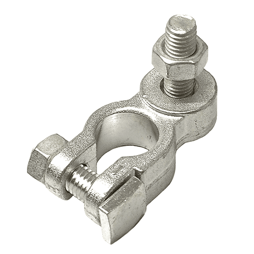 battery clamp "-" cast brass tinned, pol diameter: 15,9 mm, bolt M8 x 21 mm