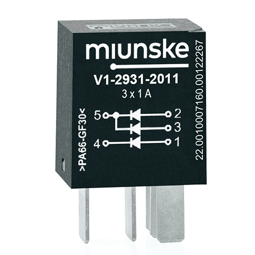 diode combination micro, triple, 1A, 400V, 2 diodes with common cathode, one diode single