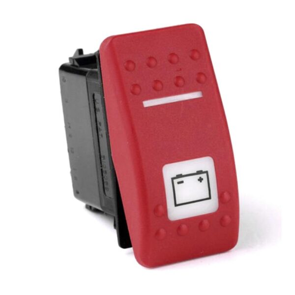 off<on Taster, 24V/15A, Contura II, LED 1 grün hell, LED 2 grün hell, quadratische Linse und schmale Linse weiß, Symbol "Batterie"