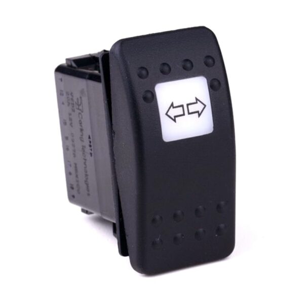 on-off-on Schalter, 12V/20A, Contura II, LED 1 gelb, quadratische Linse weiß, Symbol "Blinker"