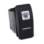 on>off<on Momentary Switch, 12V/20A, Contura II, LED 1 superbright green, LED 2 superbright red, square lens and bar lens white, symbol “windscreen heating and ventilation”