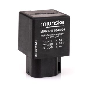 Multifunktionsrelais 20A, 9-30V, 1x Eingang, Wechsler (potentialfrei), DEUTSCH-Stecker DT06-6S..., IP68, parametrierbar durch Kunde