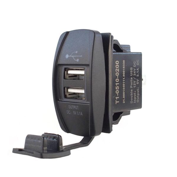 Dual Port USB V-Charger, Anschluss an 12/24V, Beleuchtung blau, mit Verschlusskappe