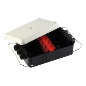 Cable Connector Box, for 6 cables, 12-pole flat pin terminal board (4 pins per pole), cover of plastic with strap locking